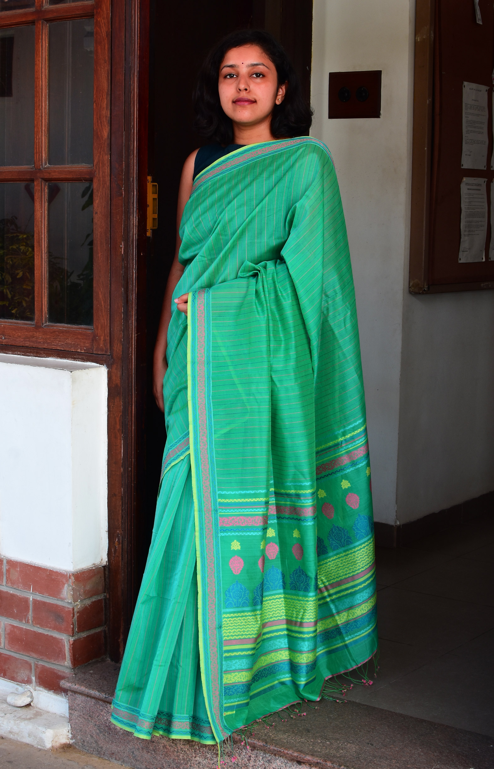 Green,Handwoven Organic Cotton, Plain Weave , Jacquard, Work Wear, Striped Saree
